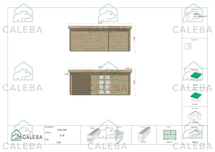 Casa de madera para jardín GISELLE 25 m², lados A/B