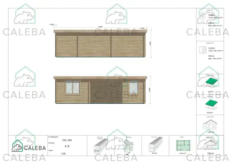 Casa de madera para jardín FIAMMETTA 25 m², lado A/B