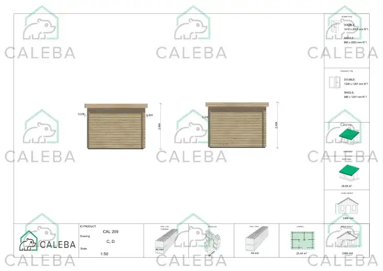 Casa de madera para jardín FIAMMETTA 25 m², lados C/D
