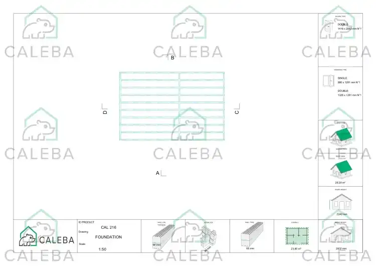 Casita de madera NICOLE 24 m², plano de cimentación