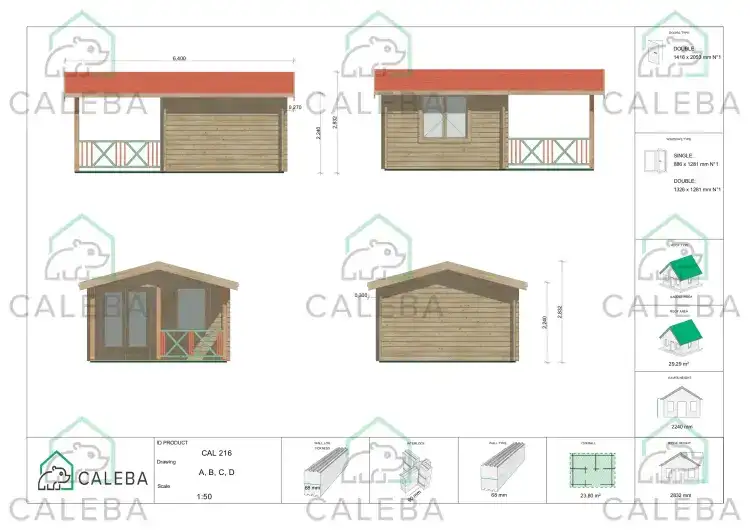 Casita de madera NICOLE 24 m², lados A/B/C/D
