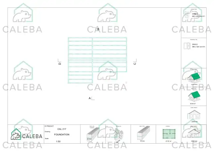Cobertizo de madera ZOE 28 m², plano de cimentación