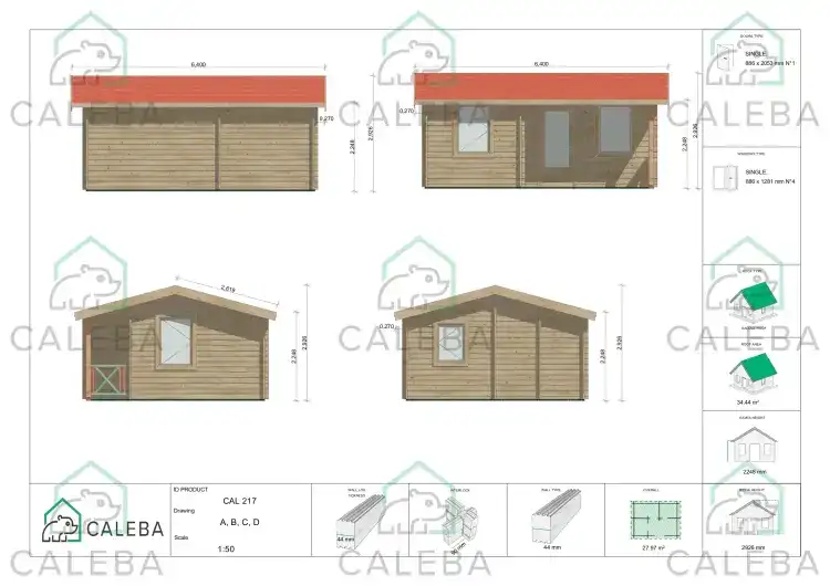 Cobertizo de madera ZOE 28 m², lados A/B/C/D
