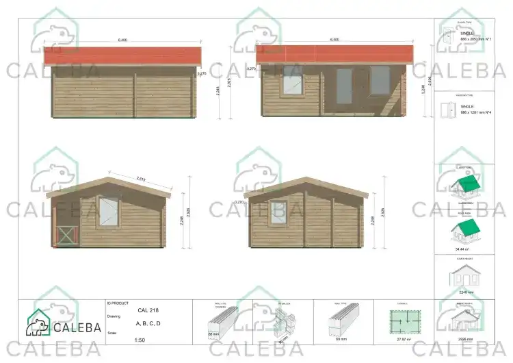 Casita de madera ZOE 28 m², lados A/B/C/D
