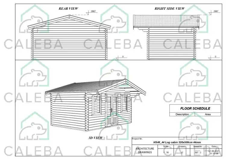 Casita de madera KATE 16 m², lados A/B/C/D