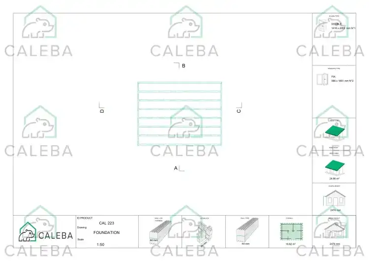 Cobertizo de madera ILENIA 20 m², plano de cimentación