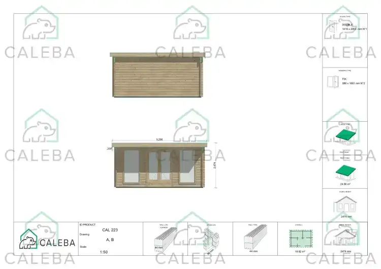 Cobertizo de madera ILENIA 20 m², lados A/B