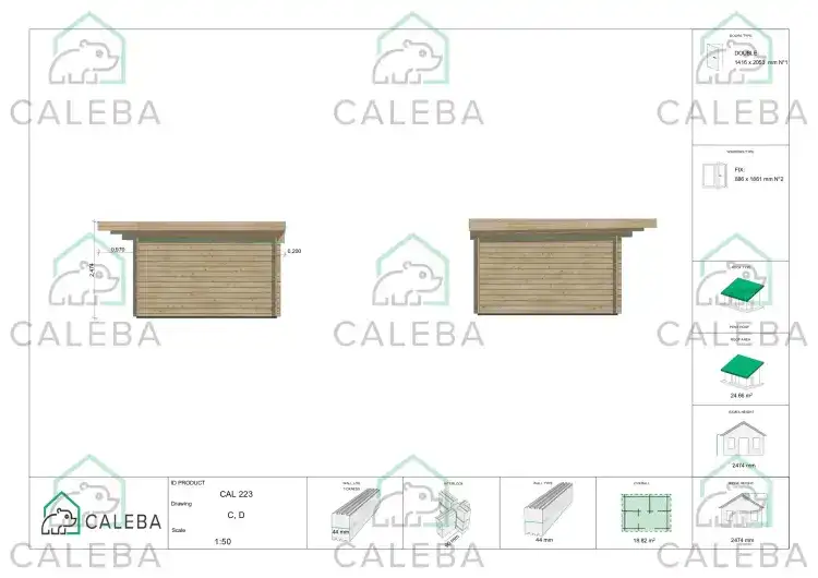 Cobertizo de madera ILENIA 20 m², lados C/D