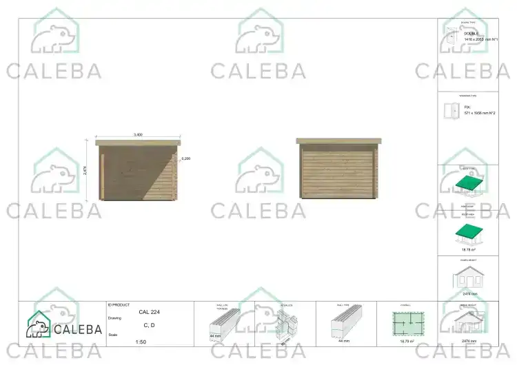 Caseta de jardín GWEN 16 m², lados C/D