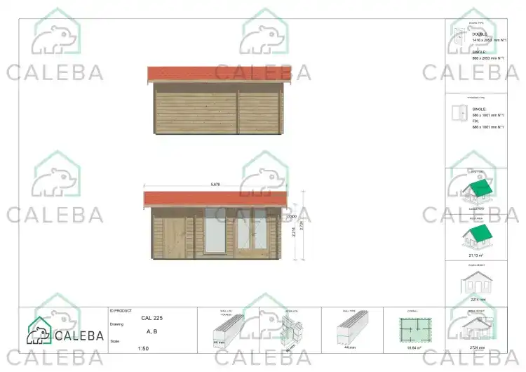 Caseta de jardín SARA 15 m², lados A/B
