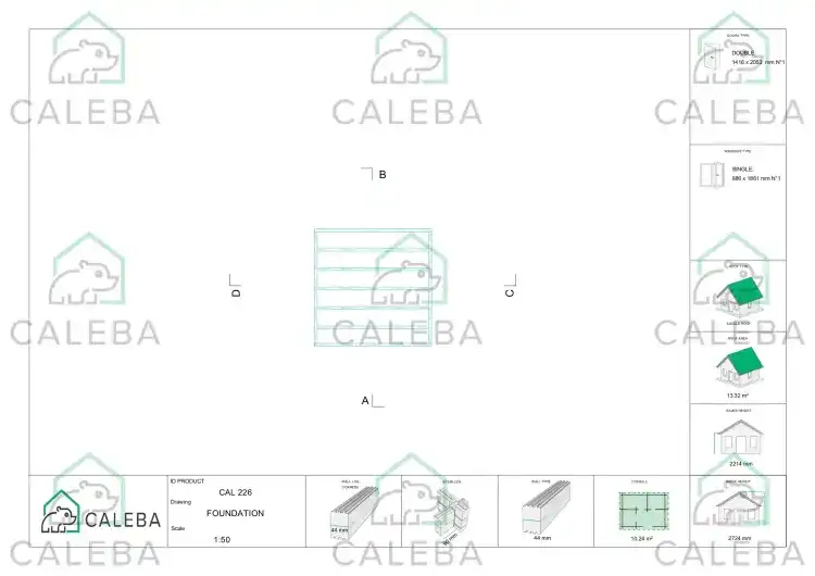 Casita de madera AMELIA 10 m², plano de cimentación