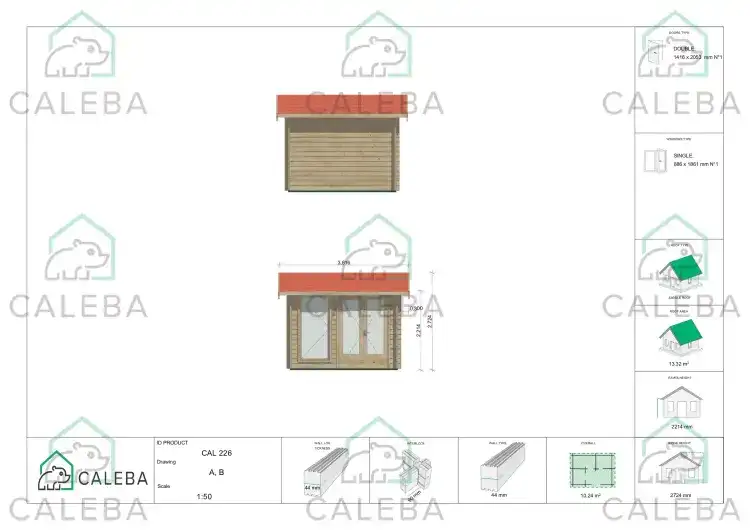 Casita de madera AMELIA 10 m², lados A/B