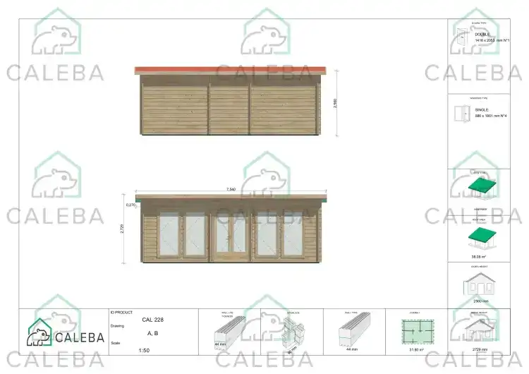 Caseta de jardín HOPE 32 m², lados A/B