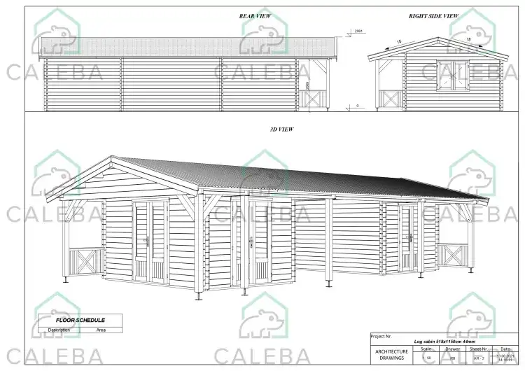 Cabaña de madera ELEONORA 60 m², lados A/B/C/D