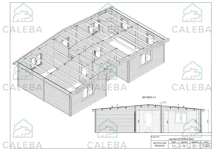Cabaña de madera ELETTRA 65 m², planta de cubierta