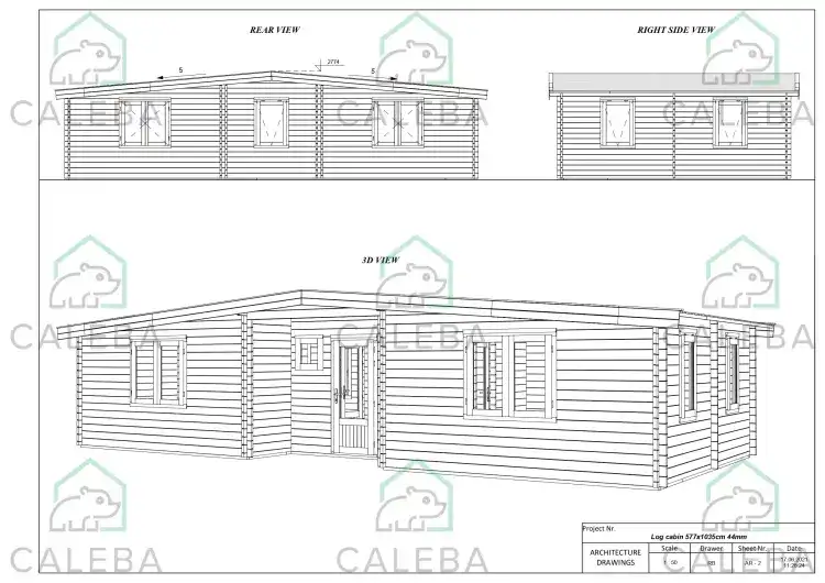 Cabaña de madera ELETTRA 65 m², lados A/B/C/D