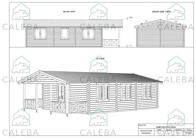 Cabaña de madera LAVINIA 50 m², lados A/B/C/D