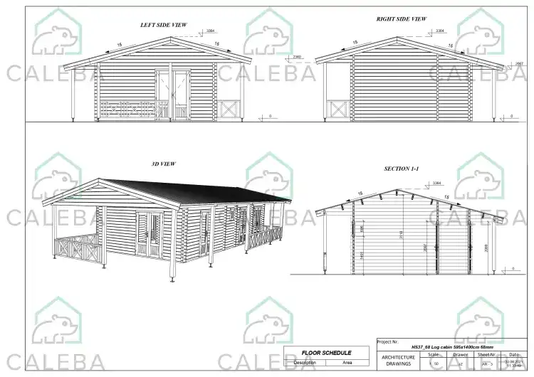 Cabaña de madera AMANDA 80 m², lados A/B/C/D