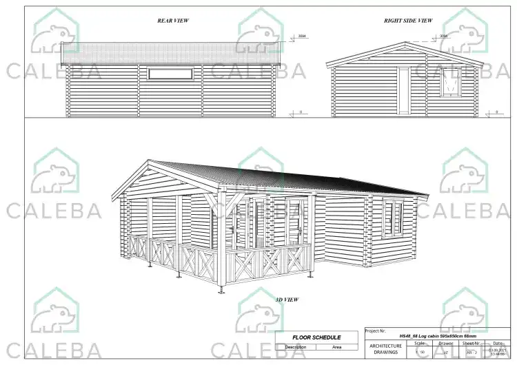 Cabaña de madera WANDA 50 m², lados A/B/C/D