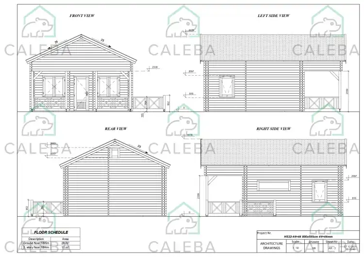 Casa de madera aislada VANESSA 50 m², lados A/B/C/D