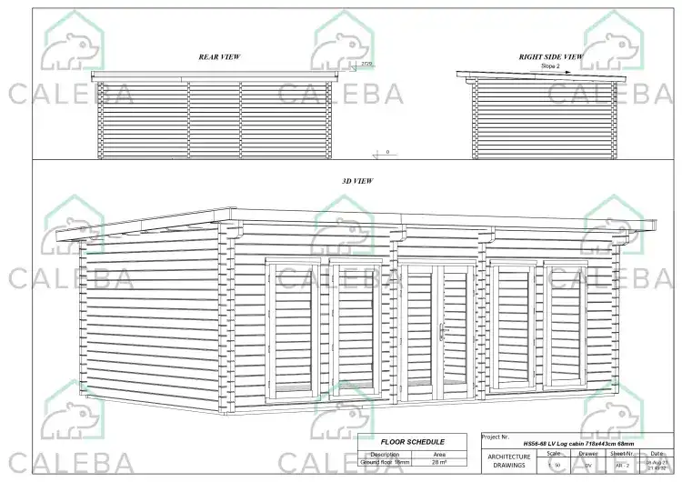 Casita de madera HOPE 30 m², lados A/B/C/D