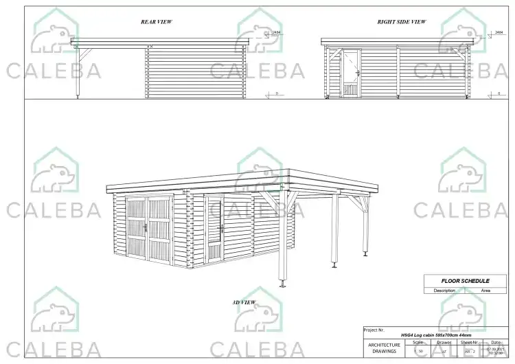 Garaje de madera con cobertizo 40 m², lados A/B/C/D