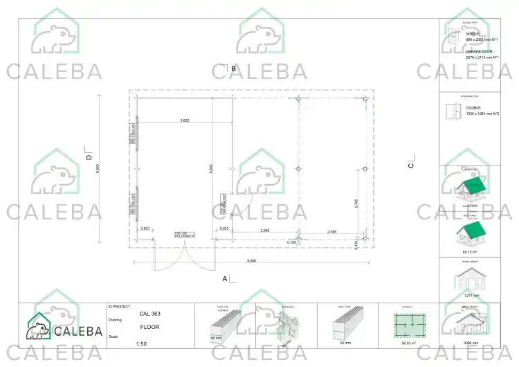 Garaje de madera con cobertizo doble 55 m², planimetría