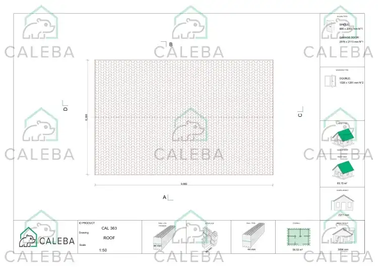 Garaje de madera con cobertizo doble 55 m², planta de cubierta