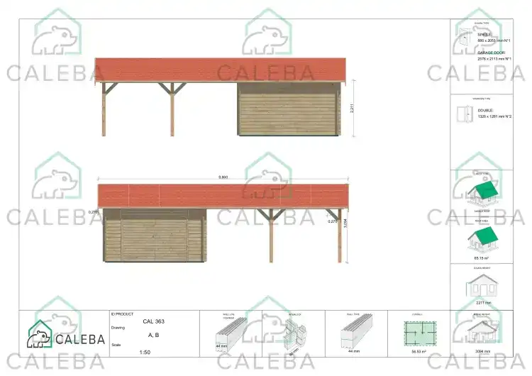 Garaje de madera con cobertizo doble 55 m², lados A/B