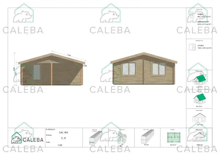 Garaje de madera con cobertizo doble 55 m², lados C/D