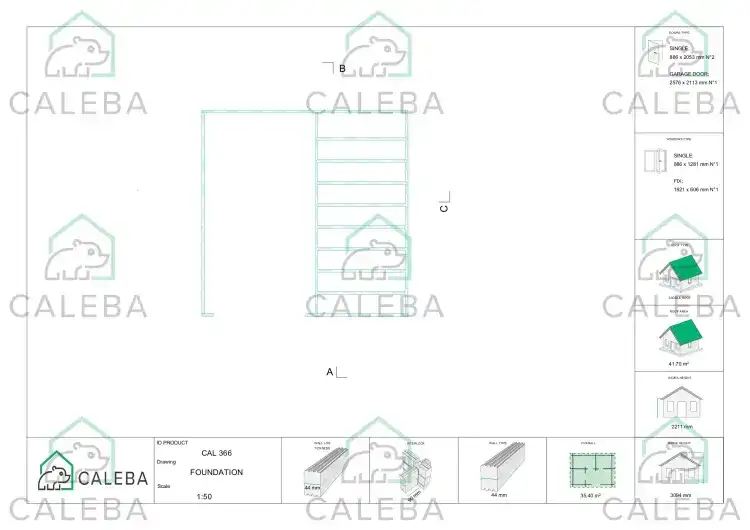 Garaje de madera con trastero 35 m², plano de cimentación