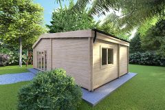 Casa in legno Irene 8.6x4.9, vista frontale destra