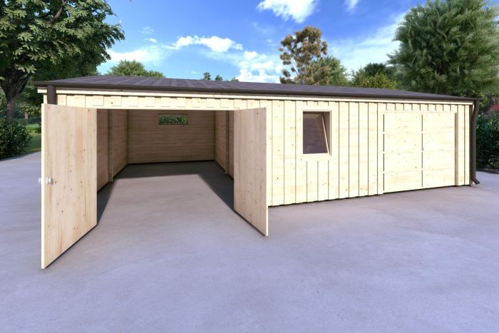 Garage due posti auto indipendenti e due ripostigli personali, visione frontale con portone aperto Garage due posti auto indipendenti e due ripostigli personali, visione frontale con portone aperto