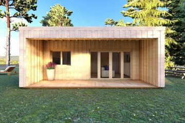 Visione frontale del prodotto Vision 2 "C" con cladding colore grigio chiaro e serramenti in legno